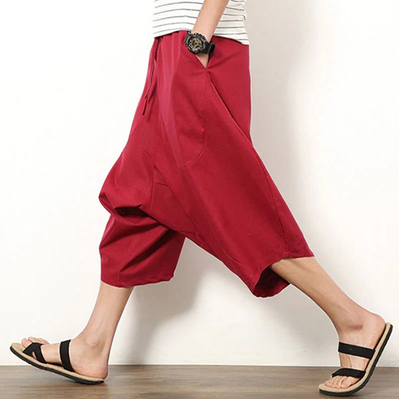 Buddha Stones Spring Plain Simple Patchwork Design Drawstring Cotton Linen Men's 7-8 Length Wide Leg Pants With Pockets