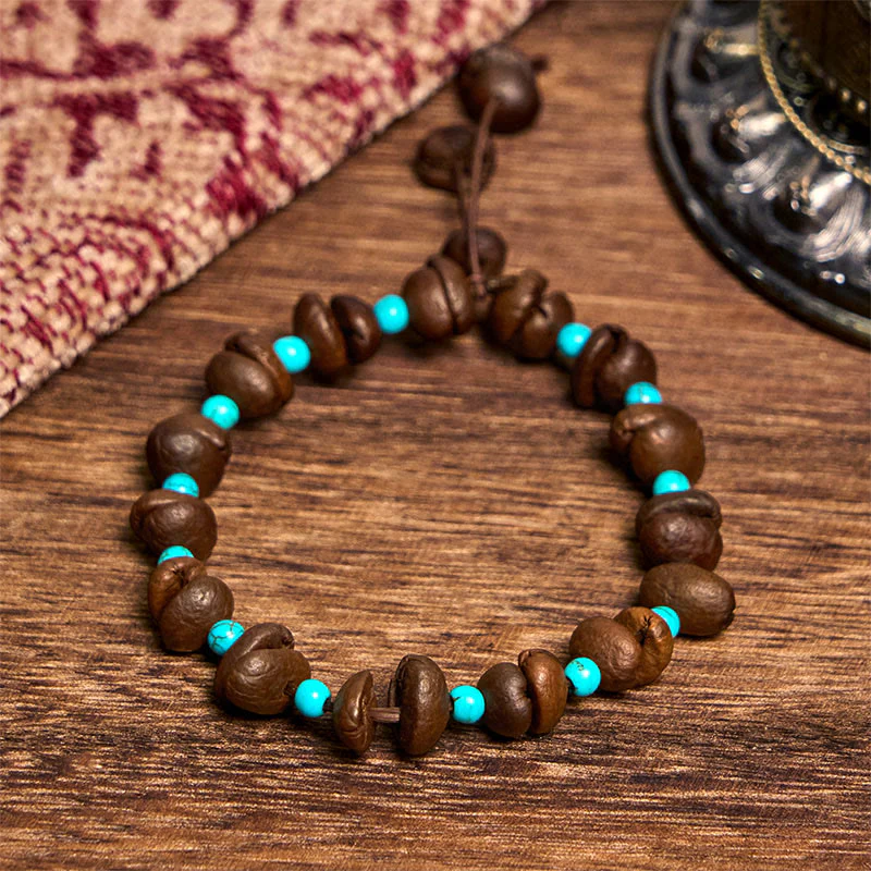 Buddha Stones Handmade Natural Coffee Beans Turquoise Beads Bracelet