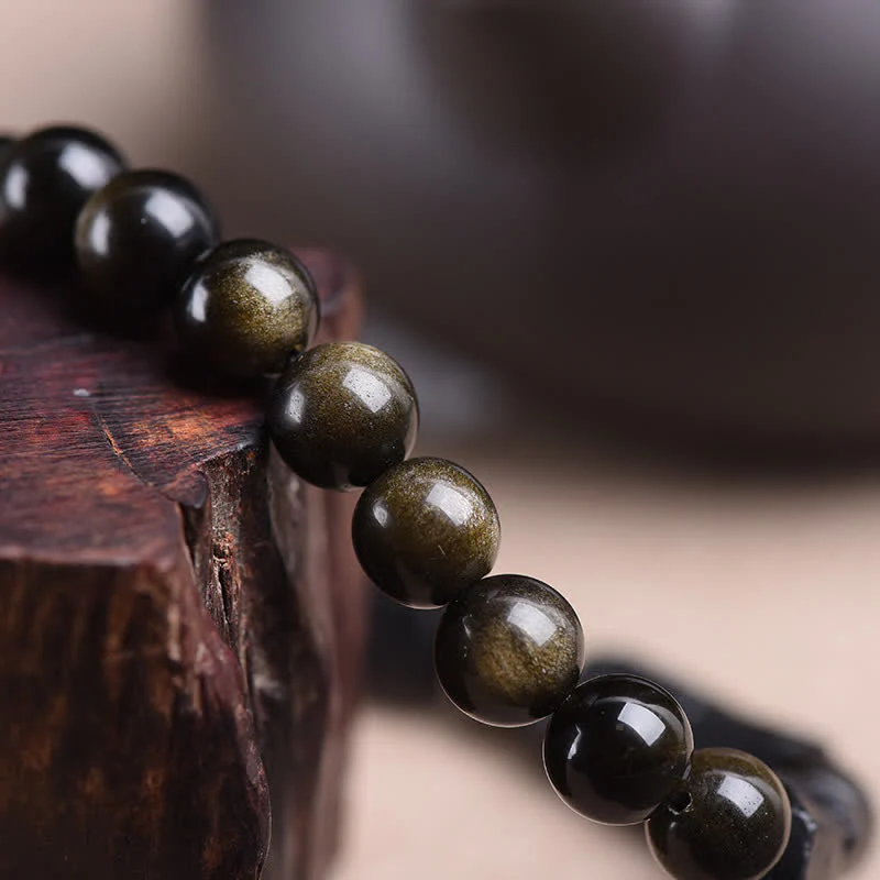 Buddha Stones Gold Sheen Obsidian Black Tourmaline Wealth Bracelet