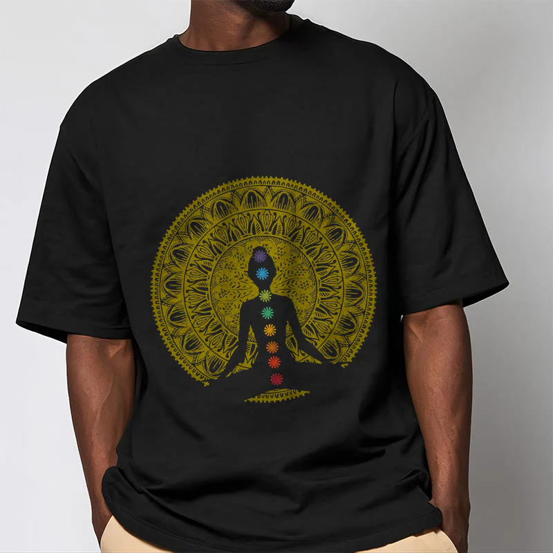 Buddha Stones Casual Colorful Chakra Symbols Golden Meditative Figure Pattern Cotton Tee T-shirt