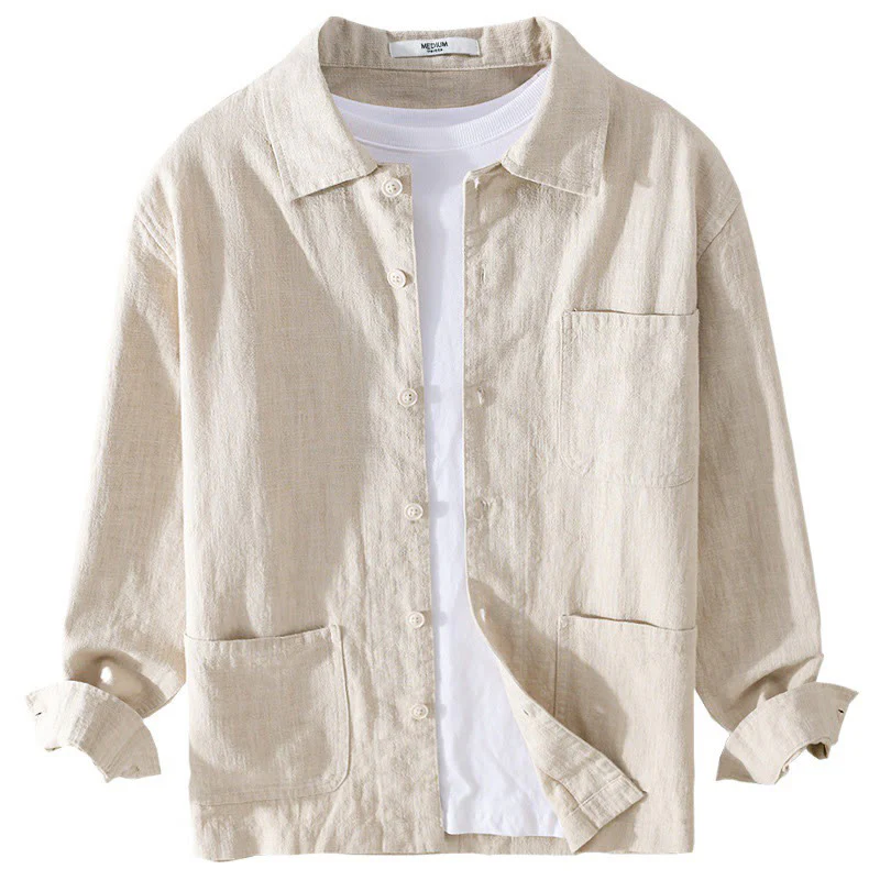 Buddha Stones Commute Men's Plain Buttons Design Cotton Linen Long Sleeve Shirt With Pockets