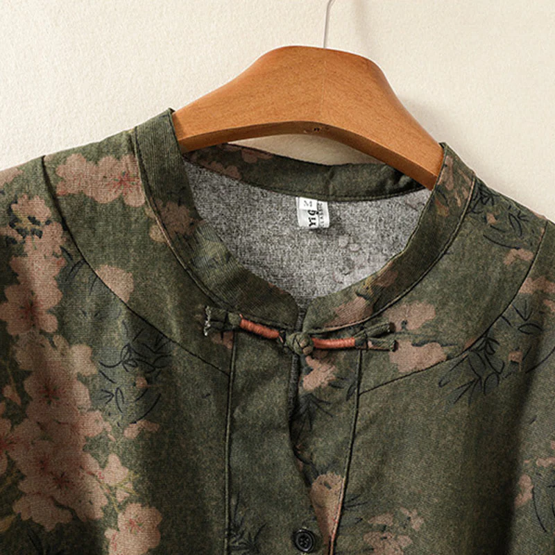 Buddha Stones Casual Printing Drawstring Chinese Frog-Button Cotton Linen Midi Dress With Pockets