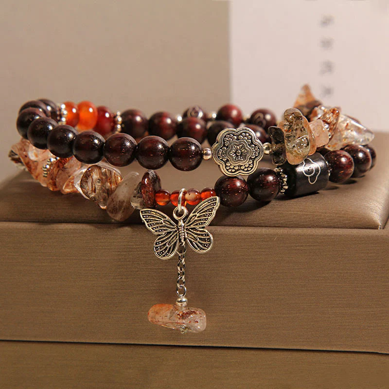 Buddha Stones Natural Rutilated Quartz Small Leaf Red Sandalwood Wealth Butterfly Charm Bracelet