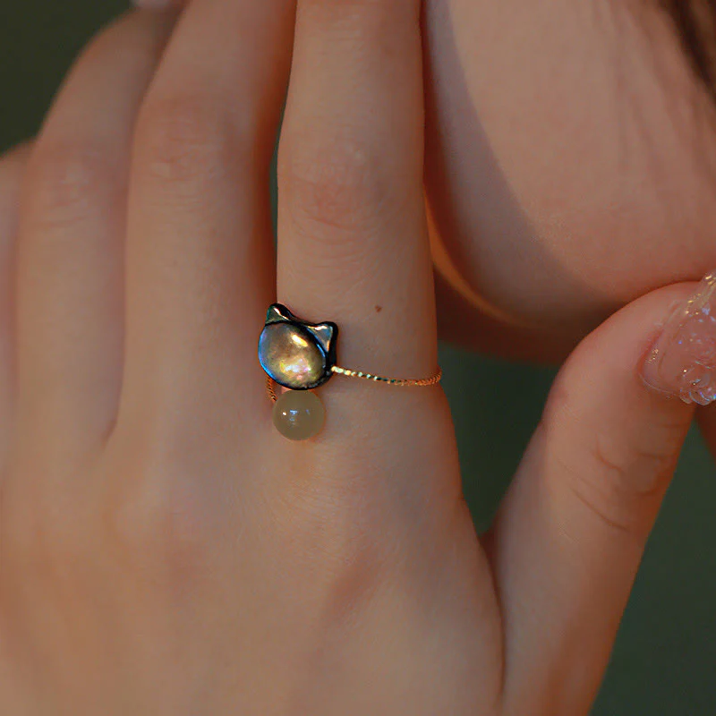 Buddha Stones Black Tridacna Stone Cat Jade Blessing Adjustable Ring