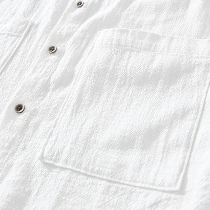 Buddha Stones Casual Buttons Design Stand Collar Men's Short Sleeve Cotton Linen Shirt With Pockets
