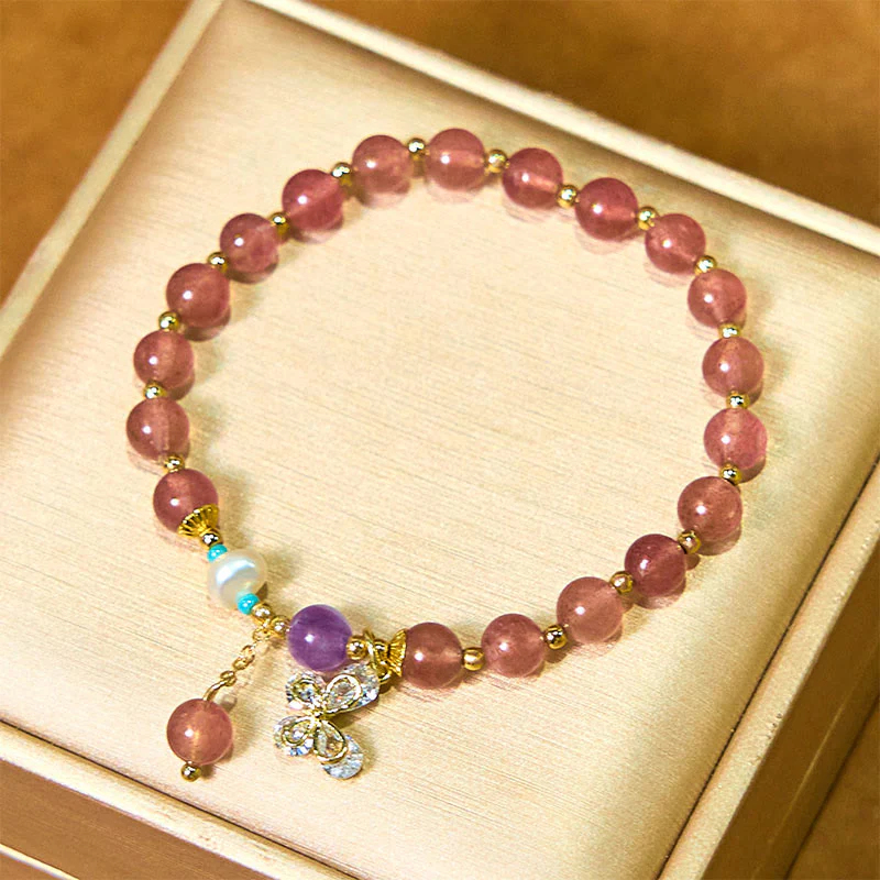 Buddha Stones Natural Strawberry Quartz Green Strawberry Quartz Butterfly Charm Love Bracelet