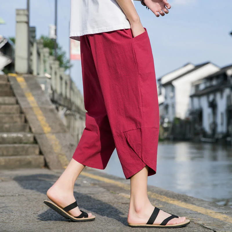 Buddha Stones Summer Casual Simple Plain Tapered Design Drawstring Men's  7-8 Length Cotton Linen Pants With Pockets