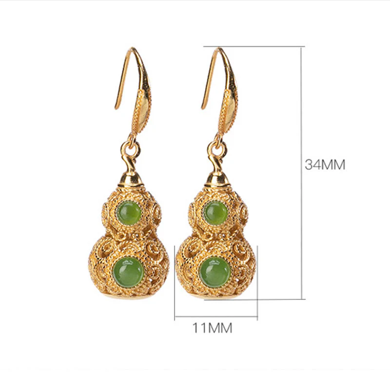 Buddha Stones Copper Hollow Gourd Jade Prosperity Earrings