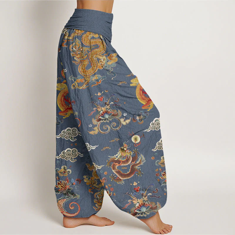 Buddha Stones Golden Dragons Auspicious Clouds Design Women's Elastic Waist Harem Pants