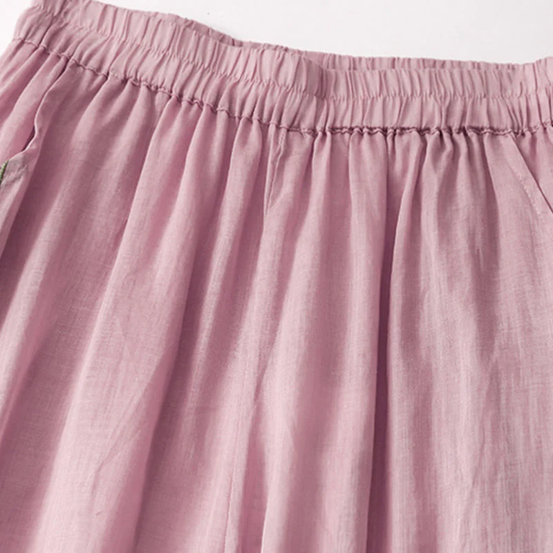 Buddha Stones Casual Flower Embroidery Women's Cotton Linen Elastic Waist  Wide Leg Pants With Pockets