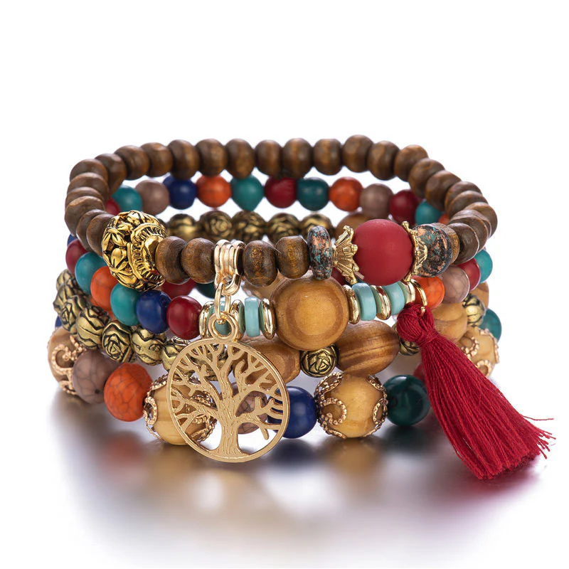 Buddha Stones Wenge Wood Layered Tree Tassel Healing Bracelet