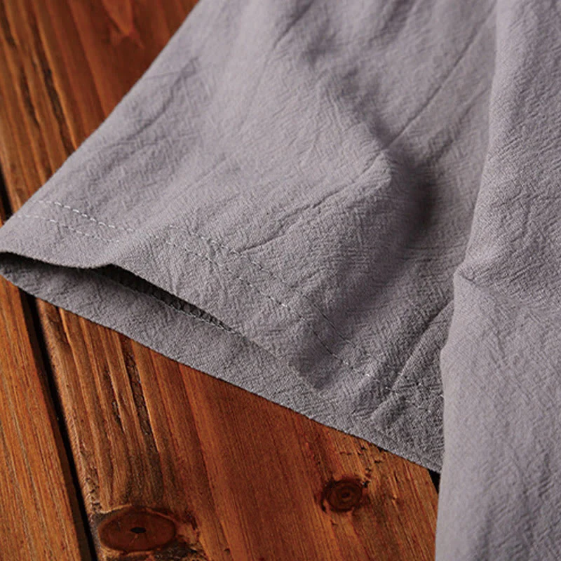 Buddha Stones Summer Casual 2Pcs Plain Notched Collar T-Shirt Drawstring Shorts With Pockets Cotton Linen Men's Meditation Cloth Set