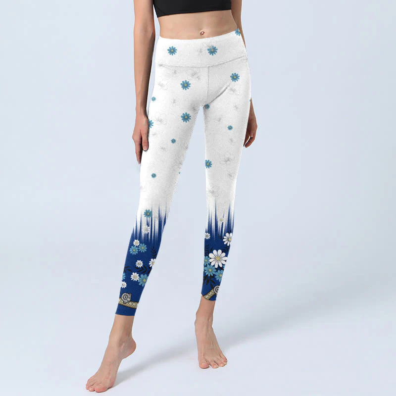 Buddha Stones White Flowers Grass Leaves Pattern Print Gym Leggings Women's Yoga Pants
