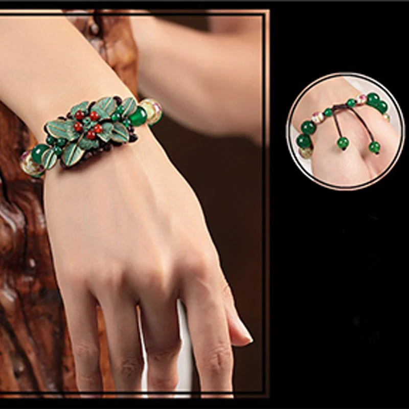 Buddha Stones Green Agate Glass Flower Beads Braided Knot Support Bracelet