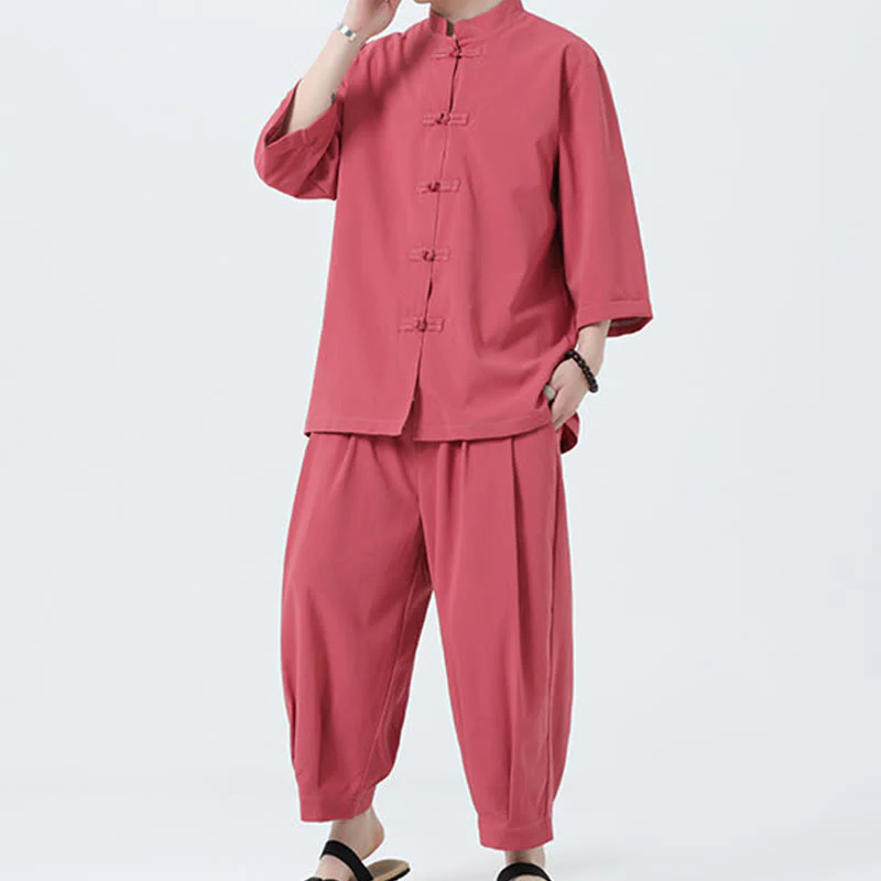 Buddha Stones 2Pcs Solid Frog-Button Three Quarter Sleeve Shirt Pants Men's Set