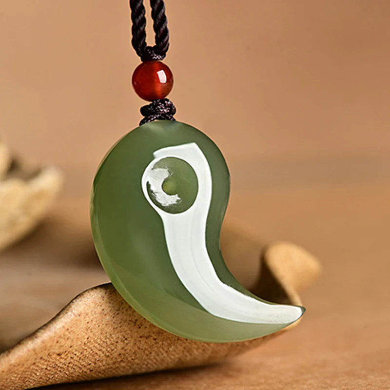 Buddha Stones Yin Yang White Jade Cyan Jade Protection Blessing Necklace String Pendant