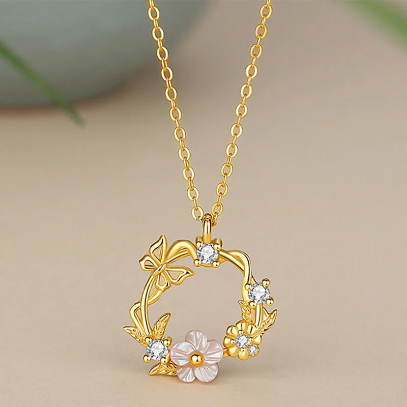Buddha Stones 925 Sterling Silver Cubic Zirconia Shell Butterfly Peach Blossom Blessing Necklace Pendant