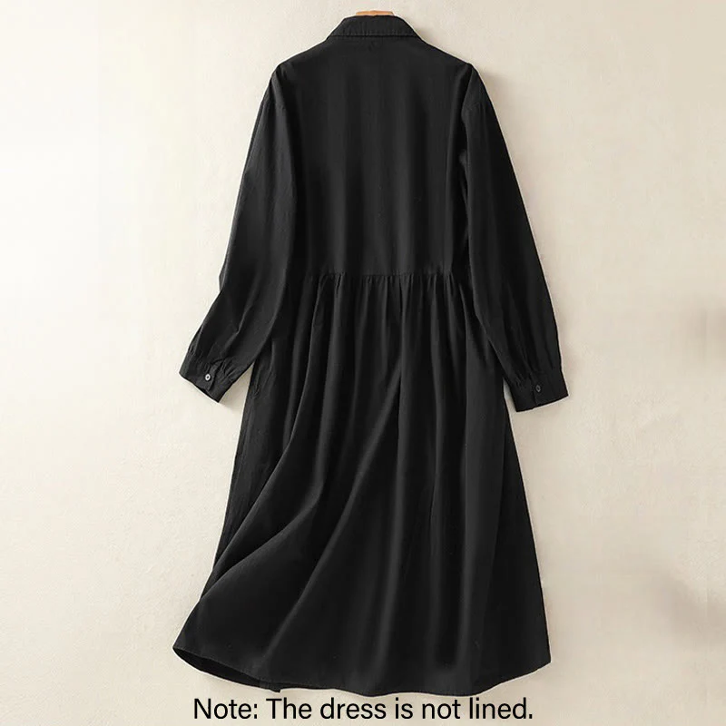 Buddha Stones Casual Plaid Pleats Buttons Design Long Sleeve Cotton Midi Dress With Pockets