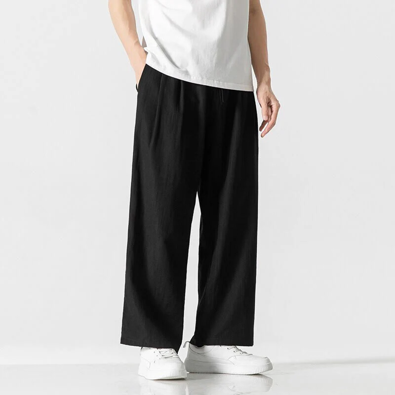 Buddha Stones Summer Casual Plain Straight Leg Design Men's Cotton Linen Drawstring Pants With Pockets