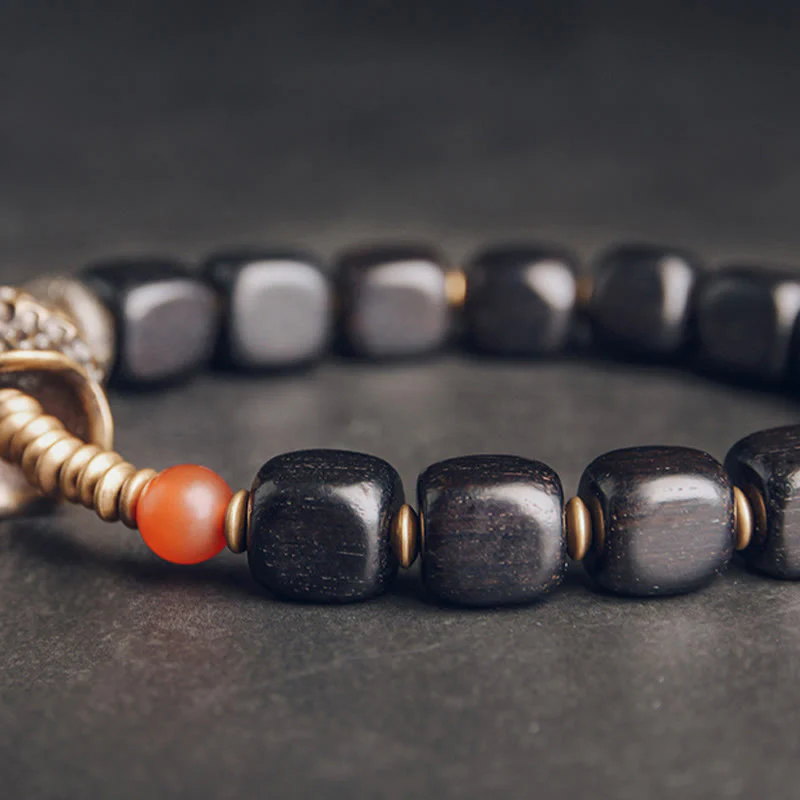 Buddha Stones Ebony Wood Copper Brass Red Agate Peace Bracelet