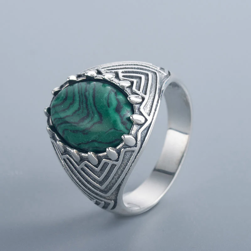 Buddha Stones Oval Vintage 925 Sterling Silver Malachite Bead Calmness Ring