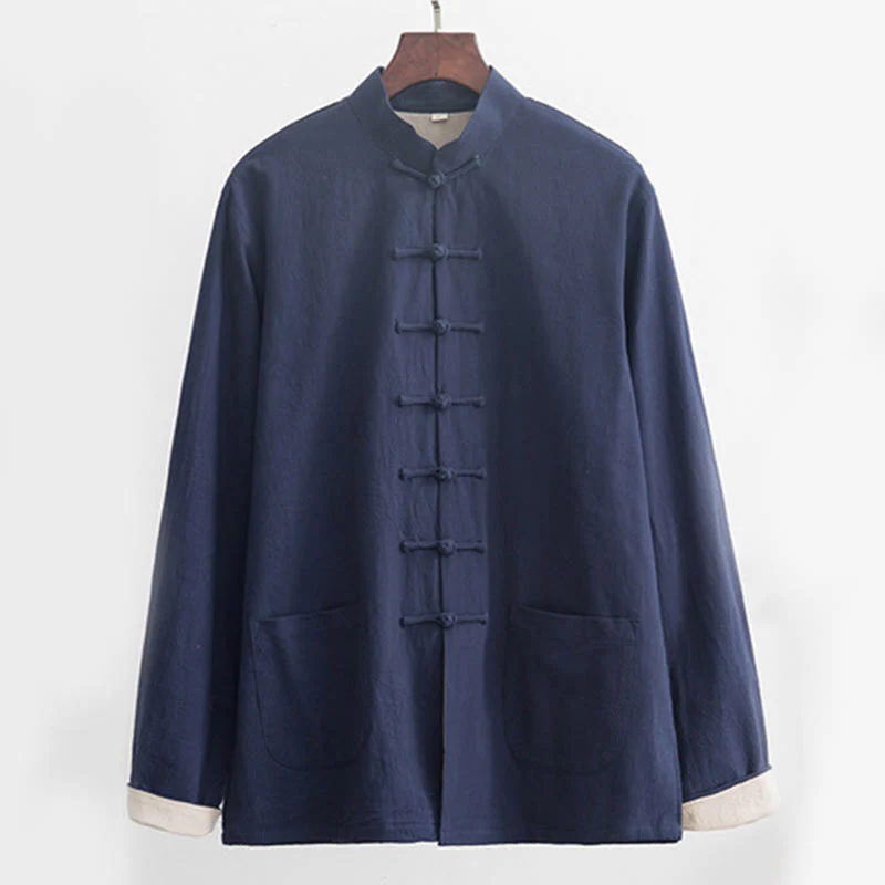 Buddha Stones 2Pcs Zen Tang Suit Men's Linen Frog-Button Long Sleeve Shirt Pants Set