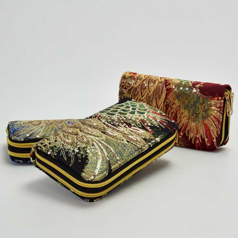 Buddha Stones Peacock Double-sided Embroidery Cash Holder Wallet Shopping Purse