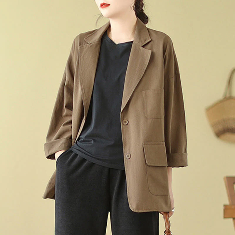 Buddha Stones Plain Women's Cotton Suit Jacket With Pockets