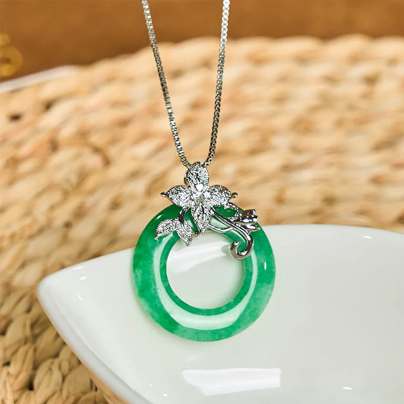 Buddha Stones Cyan Jade Peace Buckle Alloy Flower Healing Luck Necklace Pendant