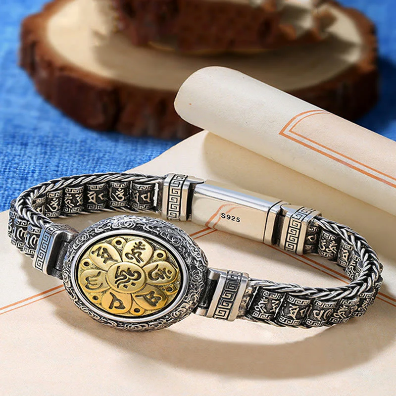 Buddha Stones Tibetan Copper Buckle Om Mani Padme Hum Turntable Rotatable Peace Metal Bracelet