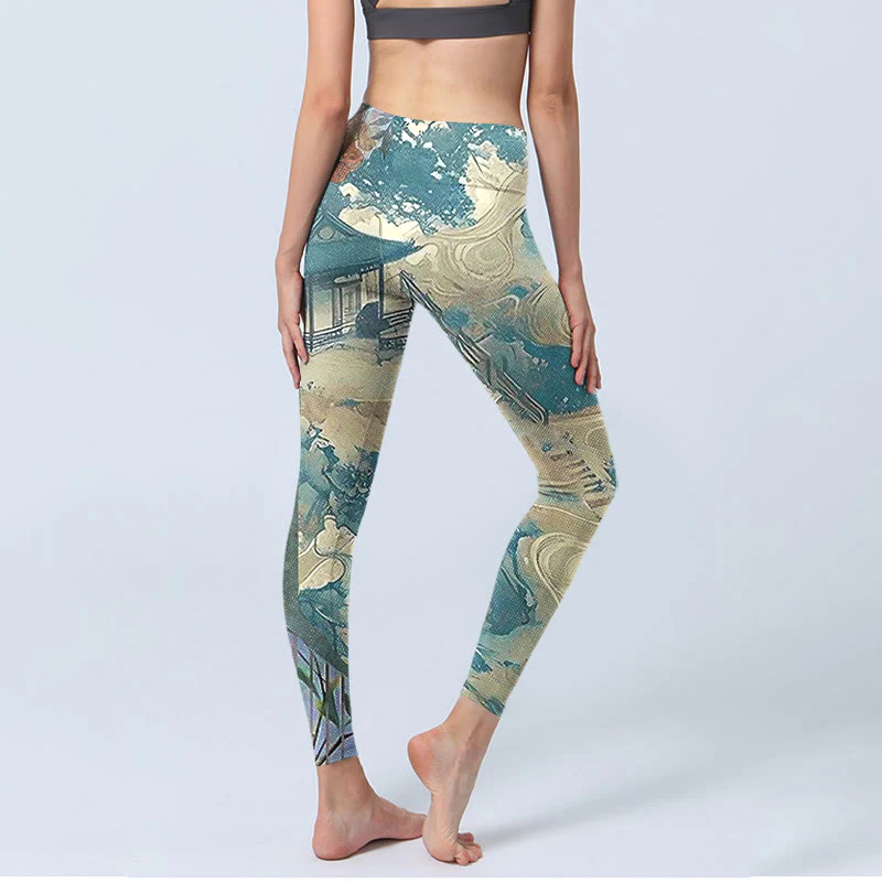 Buddha Stones Chinese Architecture Dark Sea Green Print Fitness Leggings Women's Yoga Pants