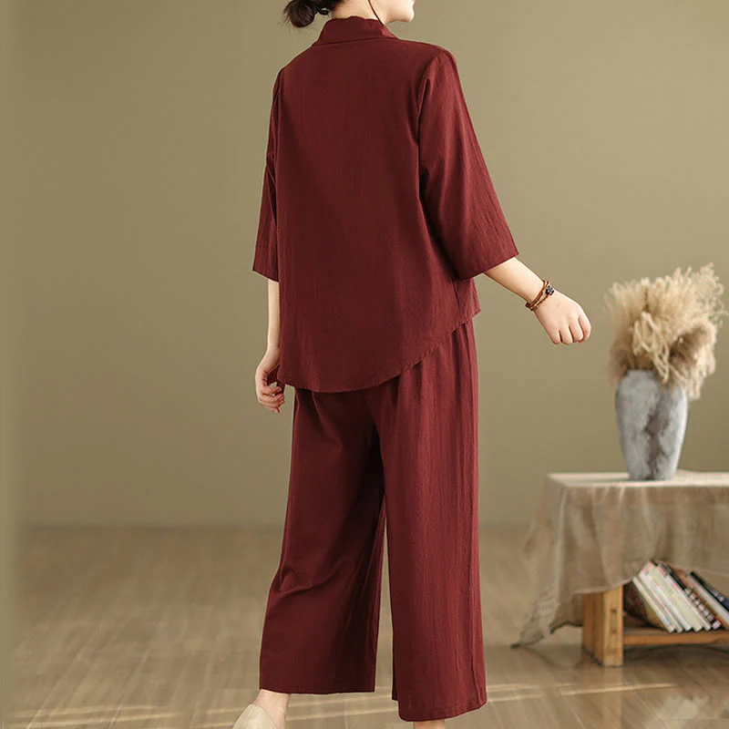 Buddha Stones 2pcs Casual Women's Stand Collar Shirt Loose Pants Meditation Clothing Set