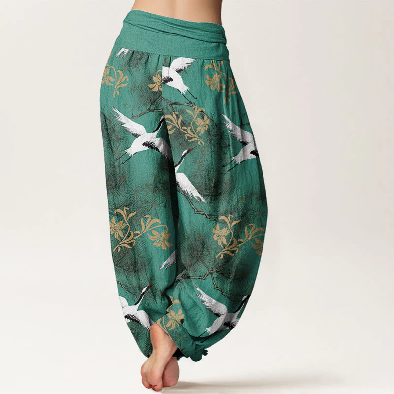 Buddha Stones Casual Red-crowned Crane Pine Tree Pattern Women's Elastic Waist Harem Pants