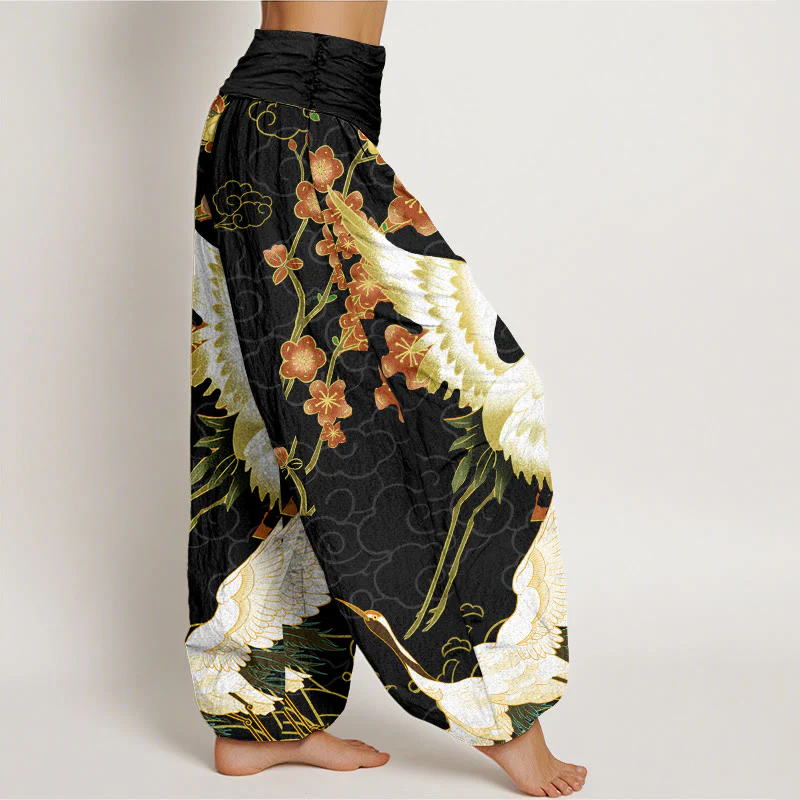 Buddha Stones Cranes Flowers Auspicious Clouds pattern Women's Elastic Waist Harem Pants