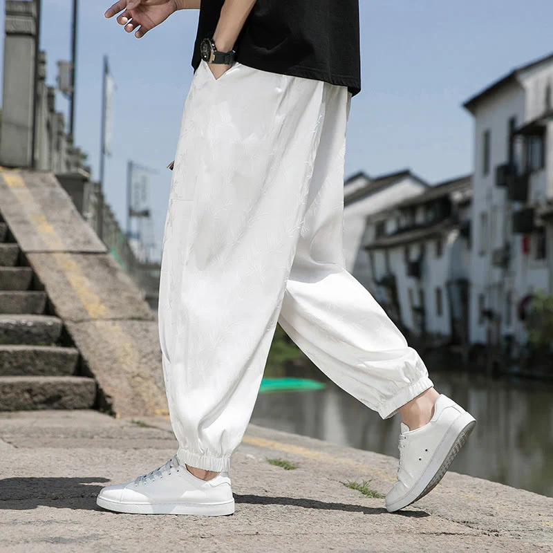 Buddha Stones Summer Ice Silk Jacquard Bamboo Pattern Men's Drawstring Cotton Pants With Pockets
