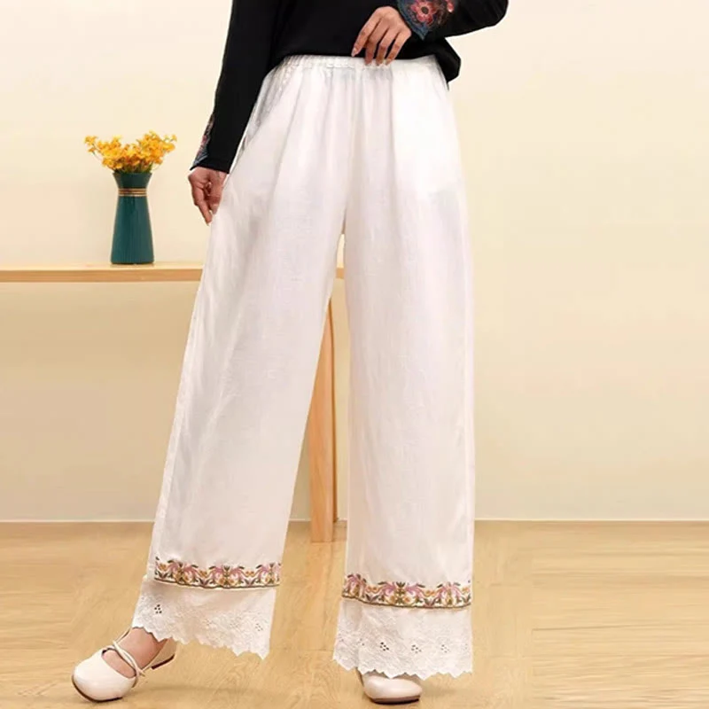 Buddha Stones Casual Embroidered Lace Cotton Linen Women's Wide Leg Pants With Pockets