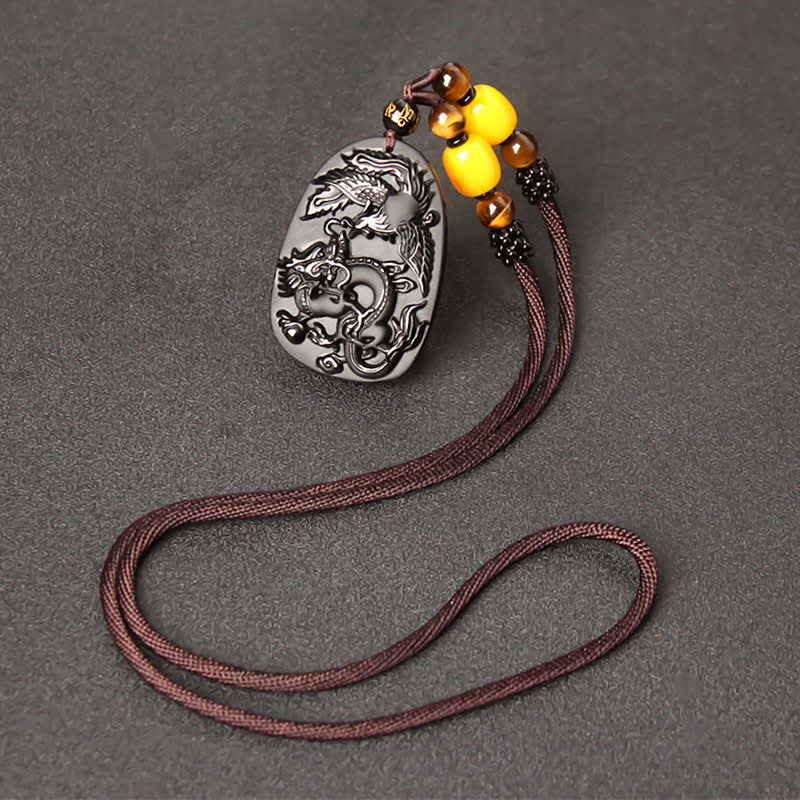 Buddha Stones Black Obsidian Tiger Eye Dragon Phoenix Protection Beaded Necklace Pendant