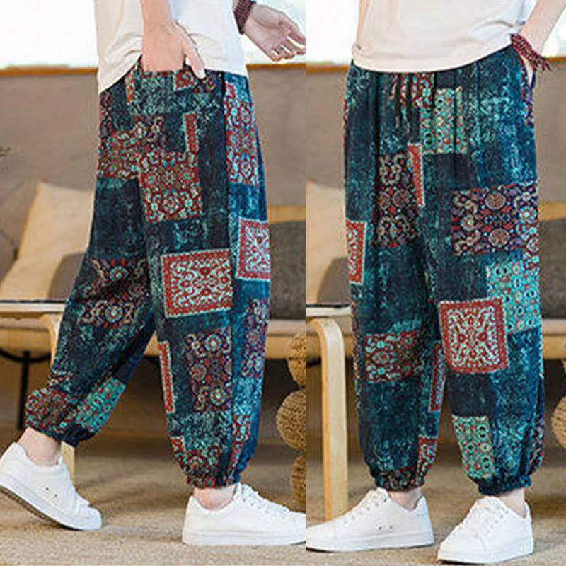 Buddha Stones Summer Square Patchwork Cotton Linen Men's Ankle-Length Harem Pants With Pockets