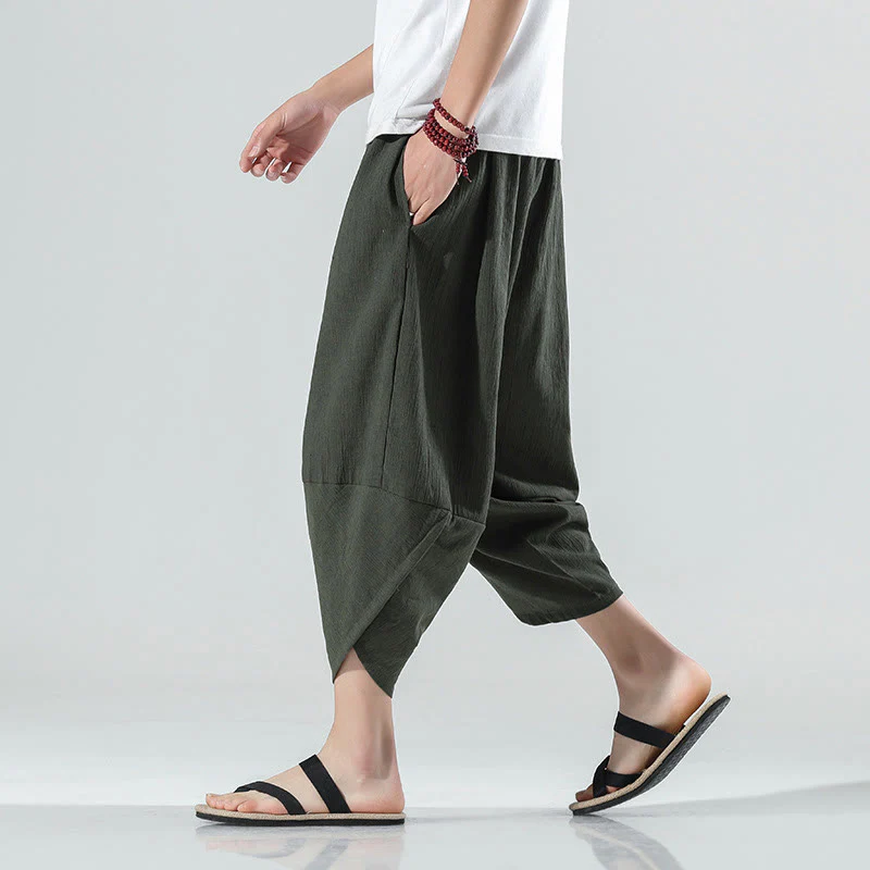 Buddha Stones Plain Simple Design Drawstring 7-8 Length Linen Men's Harem Pants With Pockets