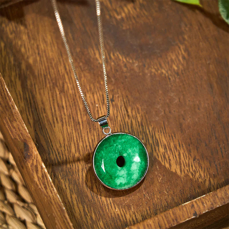 Buddha Stones Natural Cyan Jade Peace Buckle Healing Luck Necklace Pendant