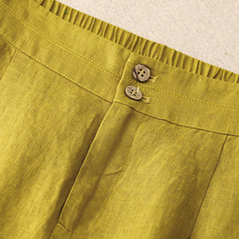 Buddha Stones Summer Casual Simple Design Linen Women's Wide Leg Pants With Zipper Pockets