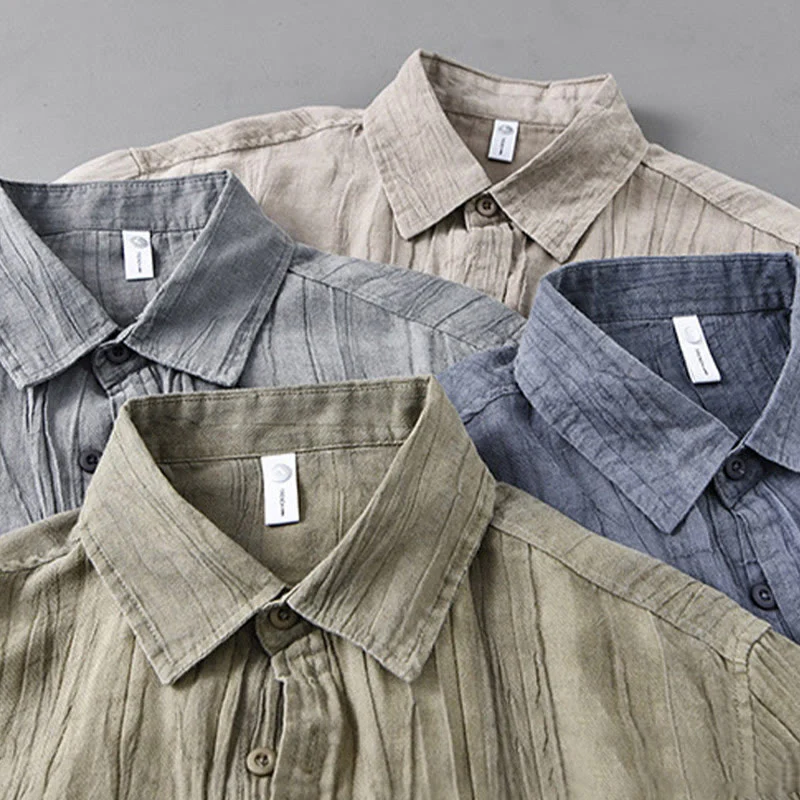 Buddha Stones Retro Pleats Buttons Men's Long Sleeve Ramie Linen Shirt With Pockets
