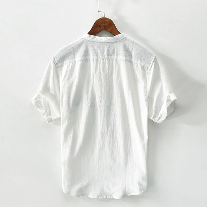Buddha Stones Casual Color Contrast Half Button Design Stand Collar Men's Short Sleeve Cotton Linen Shirt With Pocket
