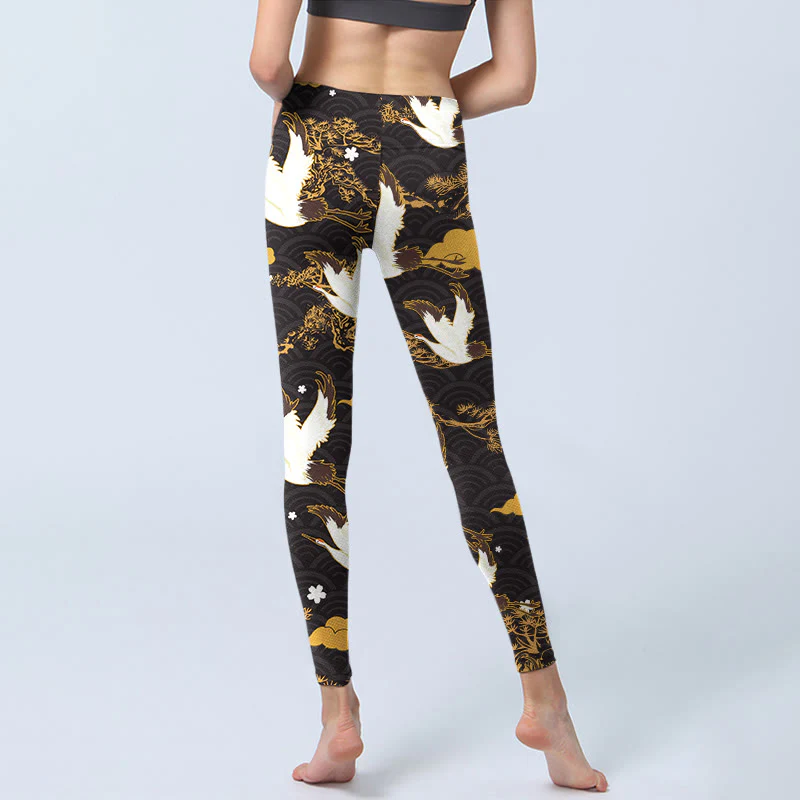 Buddha Stones Golden Auspicious Cloud Pine Branch Crane Wave Pattern Print Gym Leggings Women's Yoga Pants
