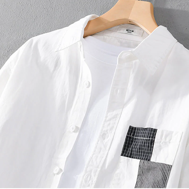 Buddha Stones Spring Daily Line Patchwork Design Lapel Men's Long Sleeve Cotton Linen Shirt With Pockets