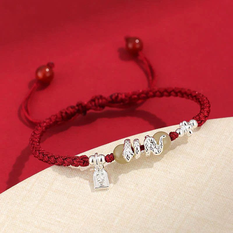 Buddha Stones Hetian Jade Year of the Snake String Protection Braided Bracelet