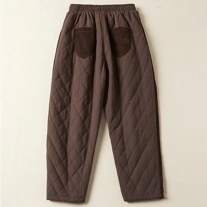 Buddha Stones Diamond Quilted Design Thermal Fleece-Lined Women's Harem Cotton Pants With Pockets