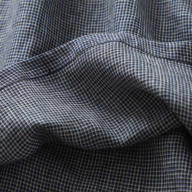 Buddha Stones Commute MidnightBlue Plaid Lace-Up Design Cotton Linen Midi Dress With Pockets