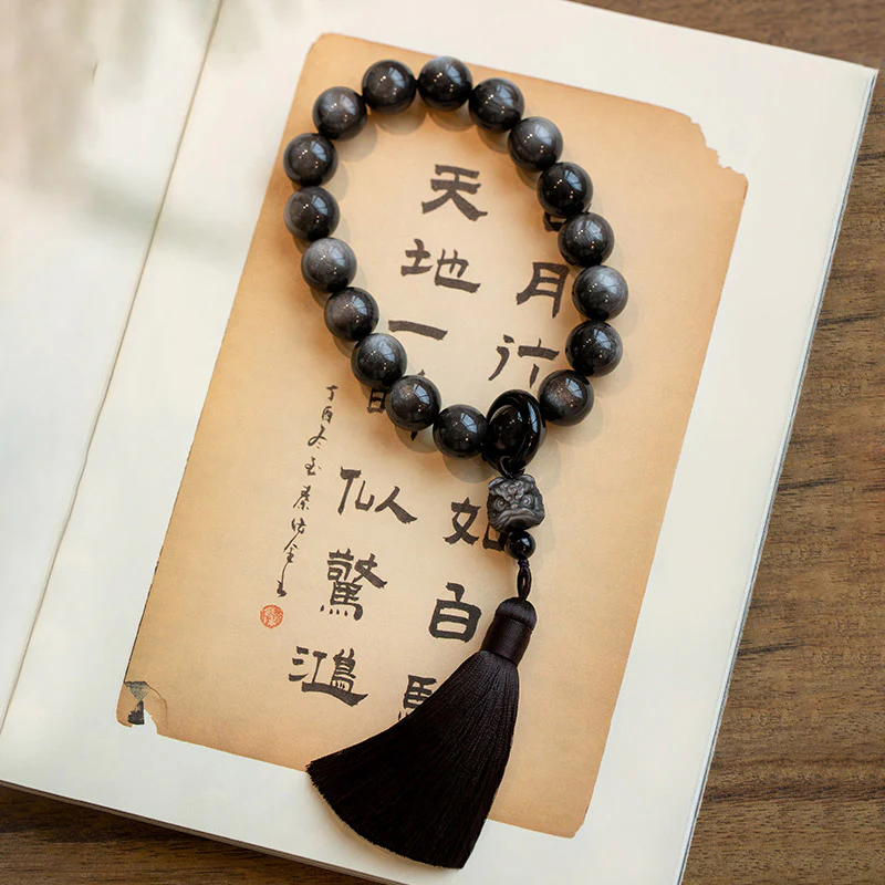 Buddha Stones Natural Silver Sheen Obsidian Black Obsidian Lion Wrist Mala Protection Tassels Pocket Mala Car Decoration