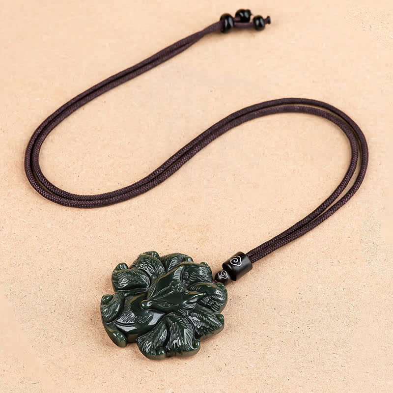 Buddha Stones Hetian Cyan Jade Nine Tailed Fox Luck Necklace String Pendant